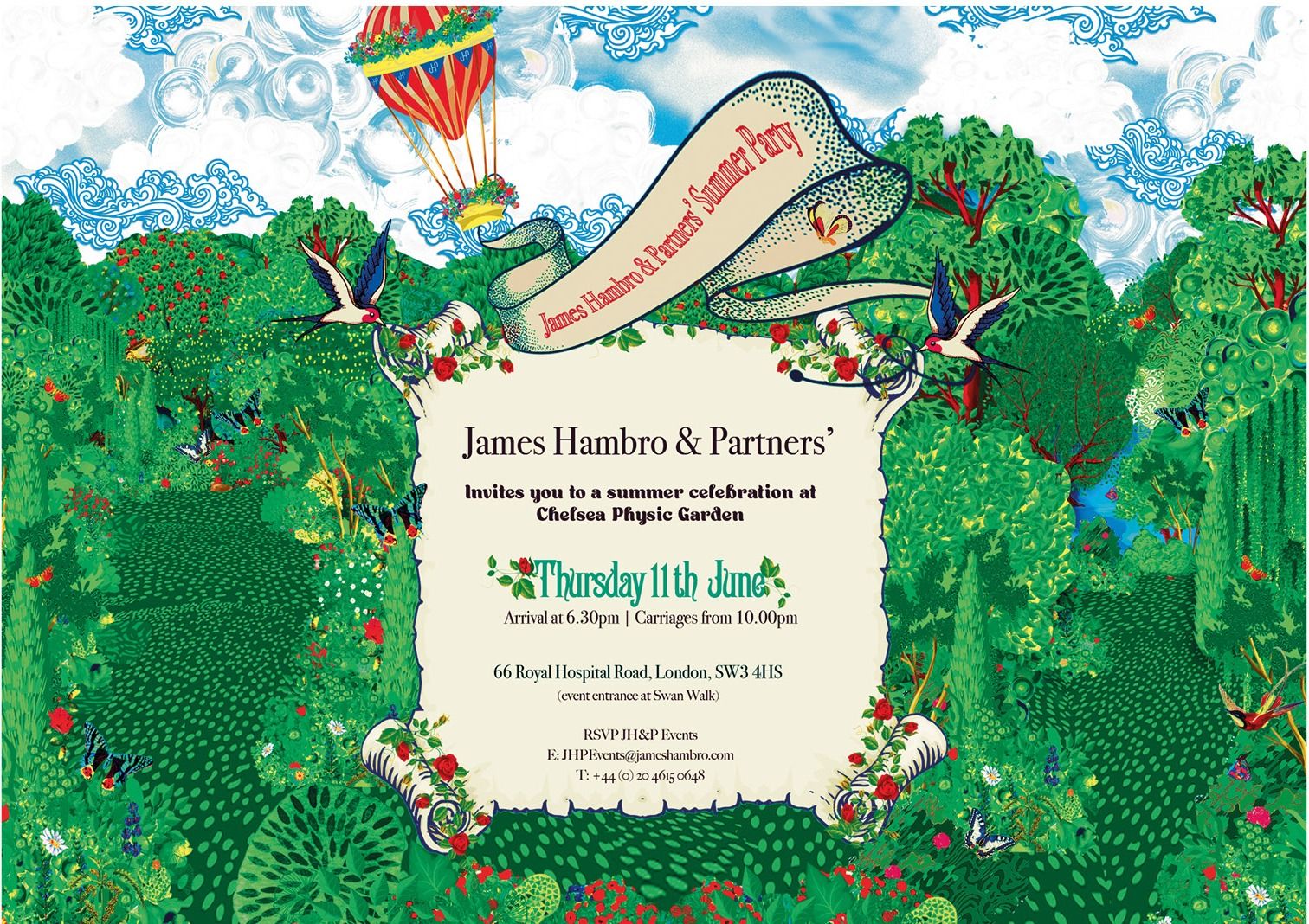 Invitation: a parchment scroll set in a lush illustrated garden, with a banner reading James Hambro & Partners Summer Party