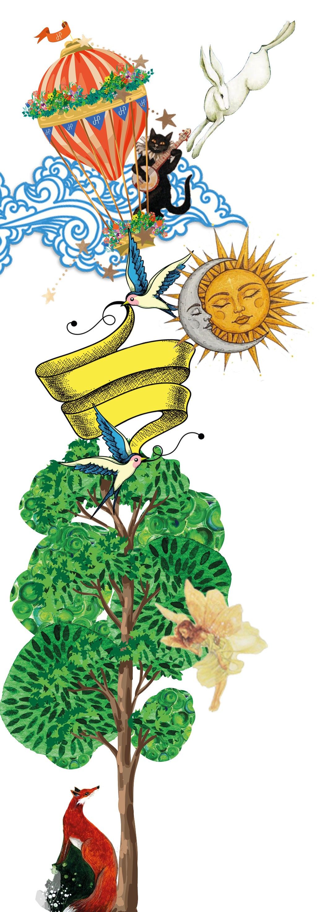Tall composition: balloon with a banjo-playing cat and leaping hare, sun and moon, yellow ribbon carried by swallows, a tree and a fox